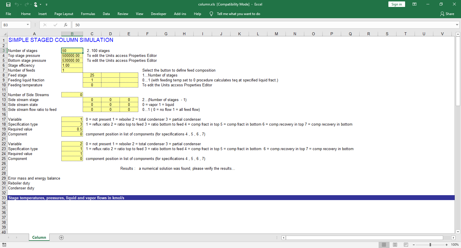 Distillation Column in Excel