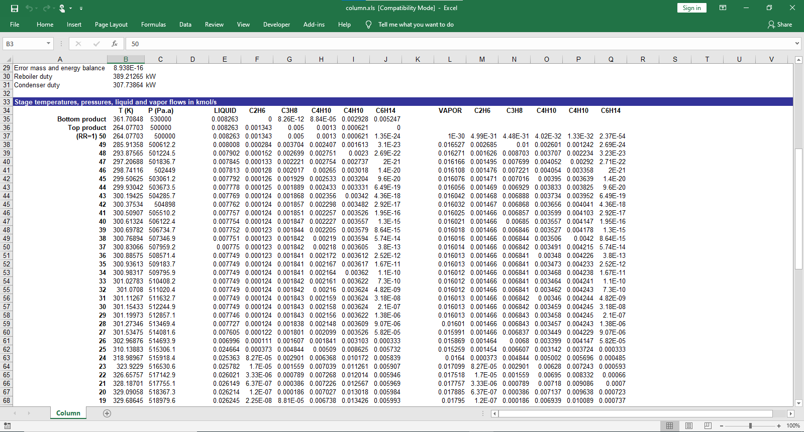 Distillation Column report in Excel